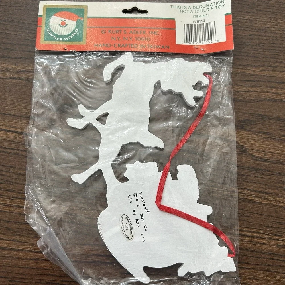 Vintage Kurt Adler Wood Christmas Ornament Rudolph Sleigh Toys NOS Santa's World
